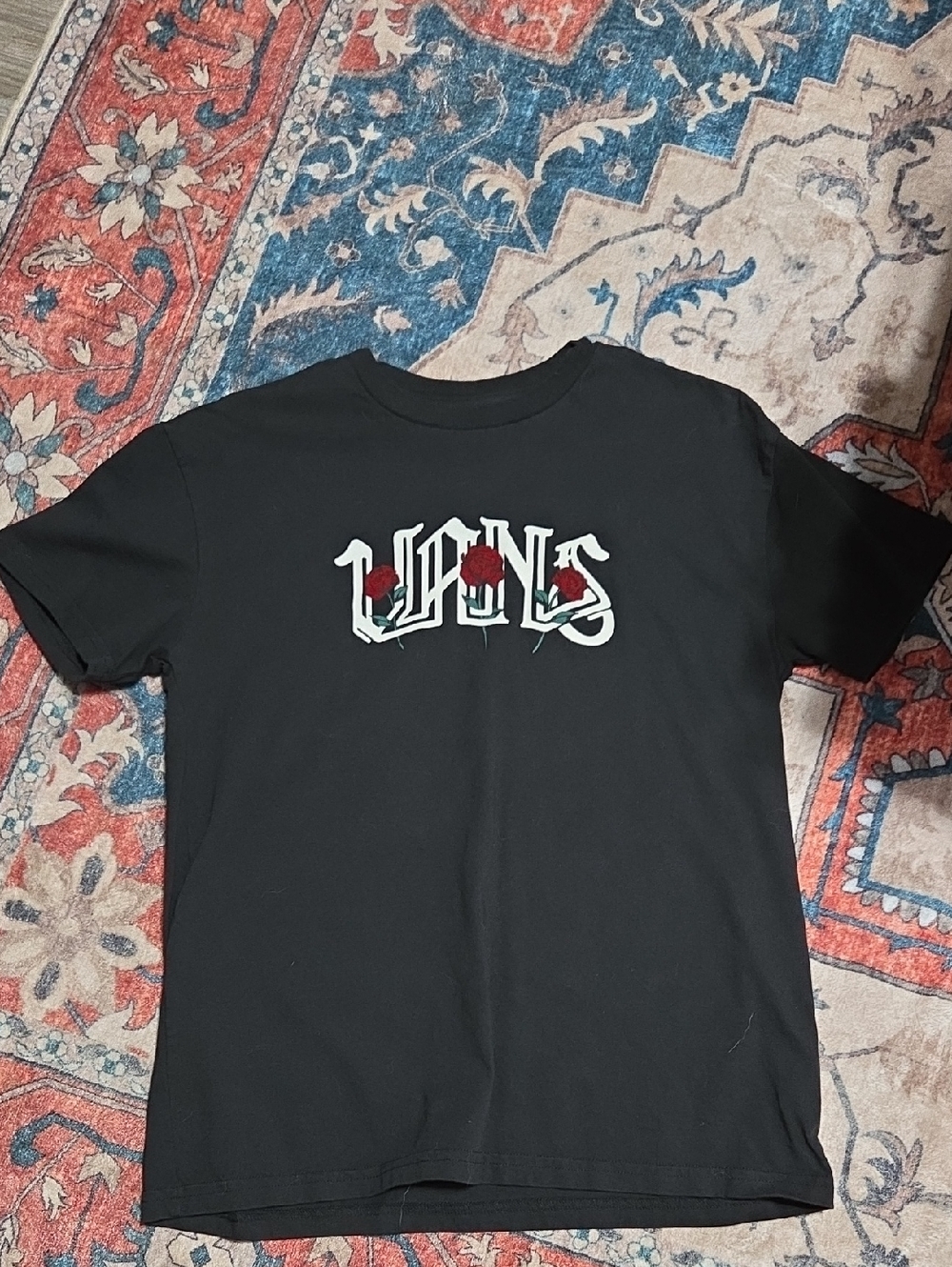 Vans Black Short-Sleeve Tee with White Logo and Red Rose Accents